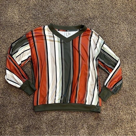 Rust Striped V-neck Polyester Top - Picture 1 of 7